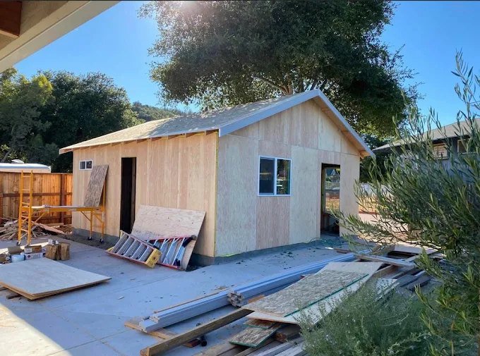 Backyard unit with sheathing installed